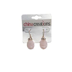 China Creation Chaps Rose Quartz Gemstone Drop Earrings with small Crystals